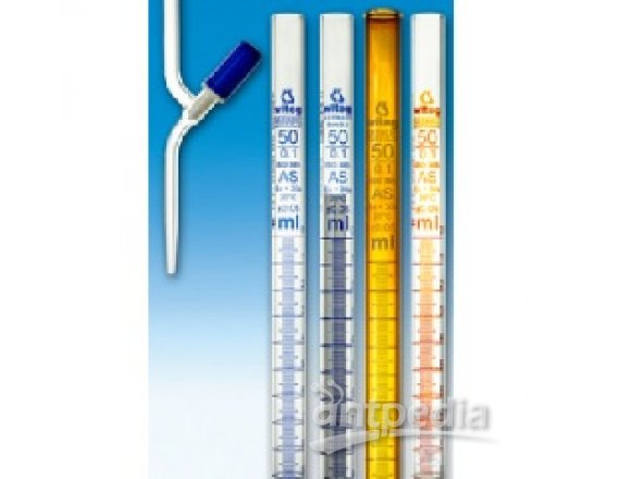 BURETTES, 50 ML:0,1 DIN-AS,  WITH STRAIGHT NEEDLE VALVE PTFE STOPCOCK,  KB, SCHELLBACH BLUE LINE