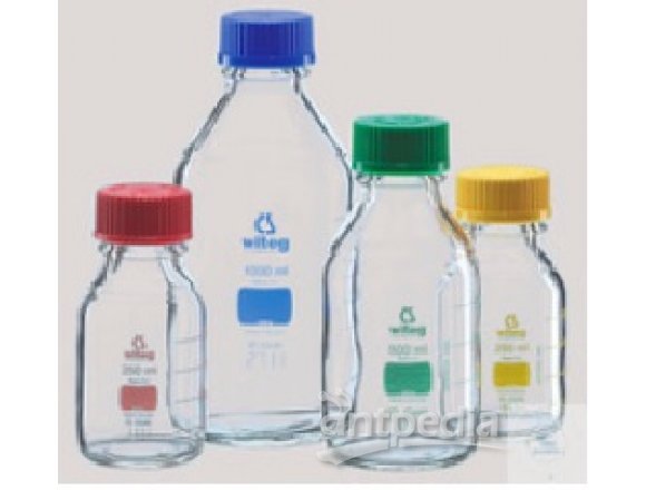 LABORATORY BOTTLES 500 ML, RED  GRADUATED IN A COLOR CODE SYSTEM,  BOROSILICAT GLASS 3.3,ISO 4796  W
