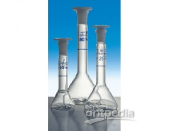 VOLUMETRIC FLASKS, TRAPEZOIDAL, WITH  ST-PE-STOPPER, DIN-A, CONF. CERT.,  25 ML, ST 10/19, DIFFICO BLUE